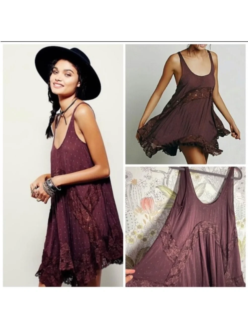 RARE Free People She Swings Slip Lace Mini Dress Medium Burgundy Brown Bohemian